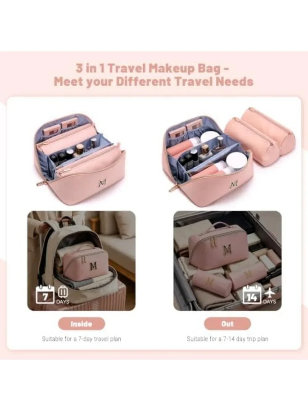 Personalized 3-in-1 Travel Makeup Bag - Stylish Cosmetic Organizer Gift for